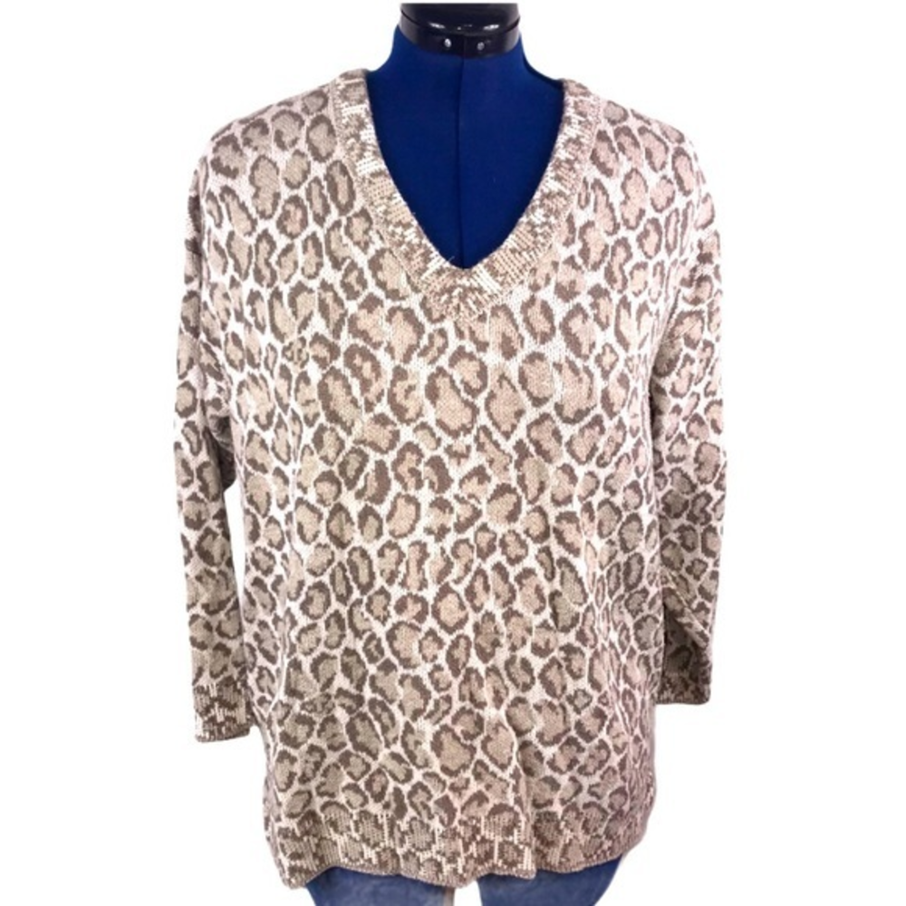 Cotton 1(X) tan animal‎ print 100a% cotton 3:4 sleeves v neck sweater